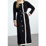 Moda Stil Fitted Ceket Yaka Uzun Tesettür Kemerli Triko Renk Bloklu Elbise
