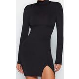 Moda Stil Fitted Dik Yaka Mini Boy Vücuda Oturan Örme Kısa Şık Abiye Elbise
