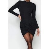 Moda Stil Fitted Dik Yaka Mini Boy Vücuda Oturan Parıltılı Simli Örme Kısa Şık Abiye Elbise