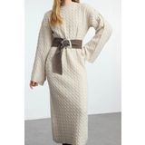 Moda Stil Oversize Bisiklet Yaka Maxi Boy Tesettür Saç Örgülü Triko Elbise