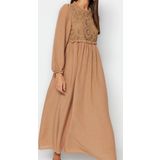 Moda Stil Regular Bisiklet Yaka Maxi Boy Tesettür Güpür Fisto Detaylı Dokuma Elbise