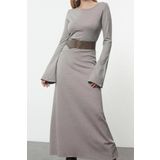 Moda Stil Regular Bisiklet Yaka Maxi Boy Triko Kemerli Elbise