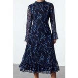 Moda Stil Regular Dik Yaka Midi Boy Desenli A Kesim Astarlı Şifon Dokuma Kışlık Elbise