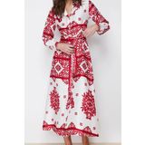 Moda Stil Regular Gömlek Yaka Maxi Boy Tesettür Dokuma Saten Desenli Gömlek Abiye Elbise