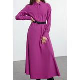 Moda Stil Regular Gömlek Yaka Uzun Tesettür Kemer Detaylı Dokuma Elbise