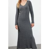 Moda Stil Regular V Yaka Maxi Boy Triko Saç Örgü Basic Elbise