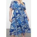 Moda Stil Relaxed Kruvaze Maxi Boy Büyük Beden Tropik Yaprak Desenli Şifon Dokuma Elbise