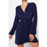 Moda Stil Relaxed Kruvaze Mini Boy Kuşaklı A-Kesim Astarlı Piliseli Örme Kısa Şık Abiye Elbise
