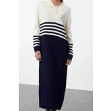 Moda Stil Relaxed Polo Yaka Maxi Boy Tesettür Taş Renk Bloklu Triko Elbise