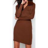 Moda Stil Slim Polo Yaka Mini Boy Triko Suni Kürk Detaylı Elbise