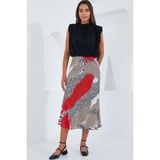 Moda Tıkla Kırmızı Siyah Desenli Saten Etek 15806 - 36