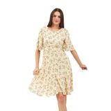 Moda Tuğram Bej Çiçek Desenli Volanlı Şifon Elbise Bej 40