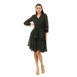 Moda Tuğram Haki Puantiye Desenli Şifon Elbise Haki 42