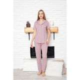 Moda Tuğram Pembe Çizgili Viskon Pamuklu Biyeli Alt-Üst Pijama Takımı Pembe 2XL