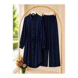 MODA VEDAT Kadın Uzun Tunik Detaylı Pantolon Takım -0500 (tunik 120 cm pantolon 100 cm )