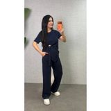 moda wanilia Kadın Kısa Kollu Bisiklet Yaka Toka Detaylı Viskon İki İplik Bluz-Pantolon İkili Takım