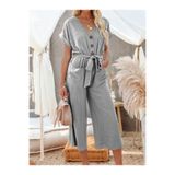 moda wanilia Kadın Kısa Kollu V Yakalı Düğmeli Kuşaklı Cep Detaylı Uzun Tulum