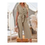moda wanilia Kadın Kısa Kollu V Yakalı Düğmeli Kuşaklı Cep Detaylı Uzun Tulum