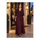 moda wanilia Kadın Kruvaze Yaka Belden Kuşaklı 3/4 Kollu Uzun Maxi Abiye Düğün Mezuniyet Elbise Gecenin Şıklığı