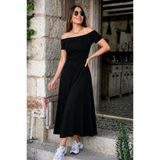 moda wanilia Kadın Omuz Açık Detaylı Lastikli Uzun Yazlık Viskon Elbise