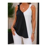 moda wanilia Kontrast Şıklık | Kadın V Yaka Bağlama Askılı Çift Renk Bürümcük Bluz