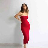 Moda Yiğit Likralı Simli Kırmızı Elbise - 240-Kırmızı - 36