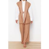 Moda Yüksek Bel Ceket Yaka Düşük Kol İçten Bağlamalı Keten Görünümlü Kimono-Pantolon Dokuma Takım