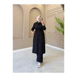 moda4b Kadın 2 Parça Double Krep Takım Düğmeli Uzun Tunik ve Bol Paça Pantolon n-05526 _ Siyah