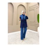 moda4b Kadın 2 Parça Kot Takım Uzun Tunik ve Geniş Pantolon Casual Kombin n-05520 _ Lacivert