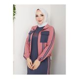 moda4b Kadın 2'li Takım Uzun Elbise ve Cepli Ceket İki İplik Pamuk Şık Spor n-05479 _ gri-pembe