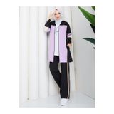 moda4b Kadın 3 Parça Takım Fermuarlı Uzun Ceket Bluz ve Bol Paça Pantolon Double Krep n-05524 _ Siyah-mor