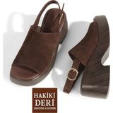 Modabuymus Koyu Kahve Rengi Hakiki Süet Deri Sandalet Kalın Topuklu Kadın Ayakkabı Ciiti