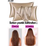 ModaCon Ipek Saten 50x70 Cm Yastık Kılıfı Terletmez Kokusuz Gold Krem 2 Adet Kıvırcık Düz Sağlıklı Saçlar
