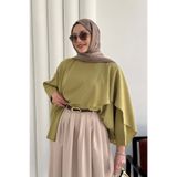 Modaensarbutik Omuz Düğmeli Şal Detaylı Asimetrik Tunik-YAĞ YEŞİLİ