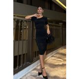 Modafeminen Asimetrik Yaka Büzgülü Sandy Elbise Siyah 582991