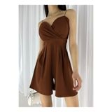 Modafeminen Esnek Krep Kumaş Askılı Etek Görünümlü Şortlu Mini Abiye Tulum 582155 Kahve