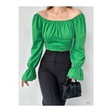Modafeminen Esnek Krep Kumaş Kolları Volanlı Straplez Yaka Crop Bluz 582337 YEŞİL