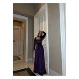 Modafeminen ESNEK SİMLİ KADİFE KARE YAKA TAŞ VE KEMER DETAYLI ABİYE ELBİSE 583122 MOR