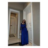 Modafeminen ESNEK SİMLİ KADİFE KARE YAKA TAŞ VE KEMER DETAYLI ABİYE ELBİSE 583122 SAKS