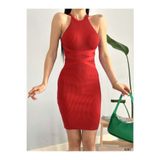 Modafeminen Halter Yaka Bel Şerit Detaylı Triko Elbise TR0287 Kirmizi