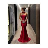 Modafeminen Kirmizi Boncuk ve İnci İşlemeli Kruvaze Yaka Abiye Elbise 583400