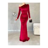 Modafeminen Omzu Açık Maxi Boy Kadife Kumaş Abiye Elbise KIRMIZI 582009