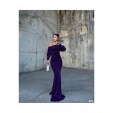 Modafeminen Omzu Açık Maxi Boy SİMLİKREP Kumaş Abiye Elbise 583049 MOR