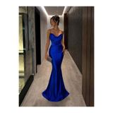 Modafeminen Saks İp Askılı Korse Detaylı Saten Abiye Elbise 583395