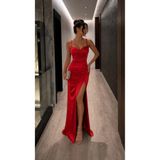 Modafeminen Siete İp Askı Yırtmaçlı Saten Abiye 582177 Kırmızı