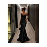 Modafeminen Siyah İp Askılı Korse Detaylı Saten Abiye Elbise 583395