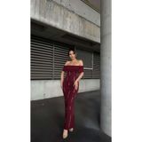 Modafeminen Taş Detaylı Straplez Yaka Scuba Kumaş Elbise BORDO 583241
