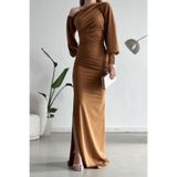 Modafeminen Tek Omuz Açık Detay Ithal Krep Kumaş Maxi Boy Uzun Kol Elbise Vizon 582307