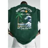 MODAGEN Erkek Nefti Yeşil Bisiklet Yaka Yeni Brooklyn Baskılı Oversize T-Shirt