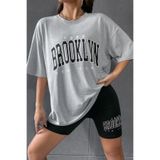 MODAGEN Kadın Gri Bisiklet Yaka Brooklyn Baskılı Oversize T-Shirt-Tayt Takım